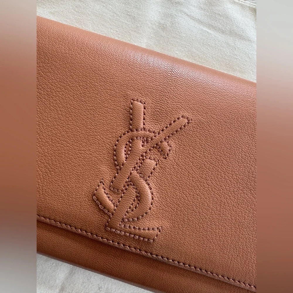Saint Laurent Brown Leather Clutch with Embossed YSL - Picture 2 of 5